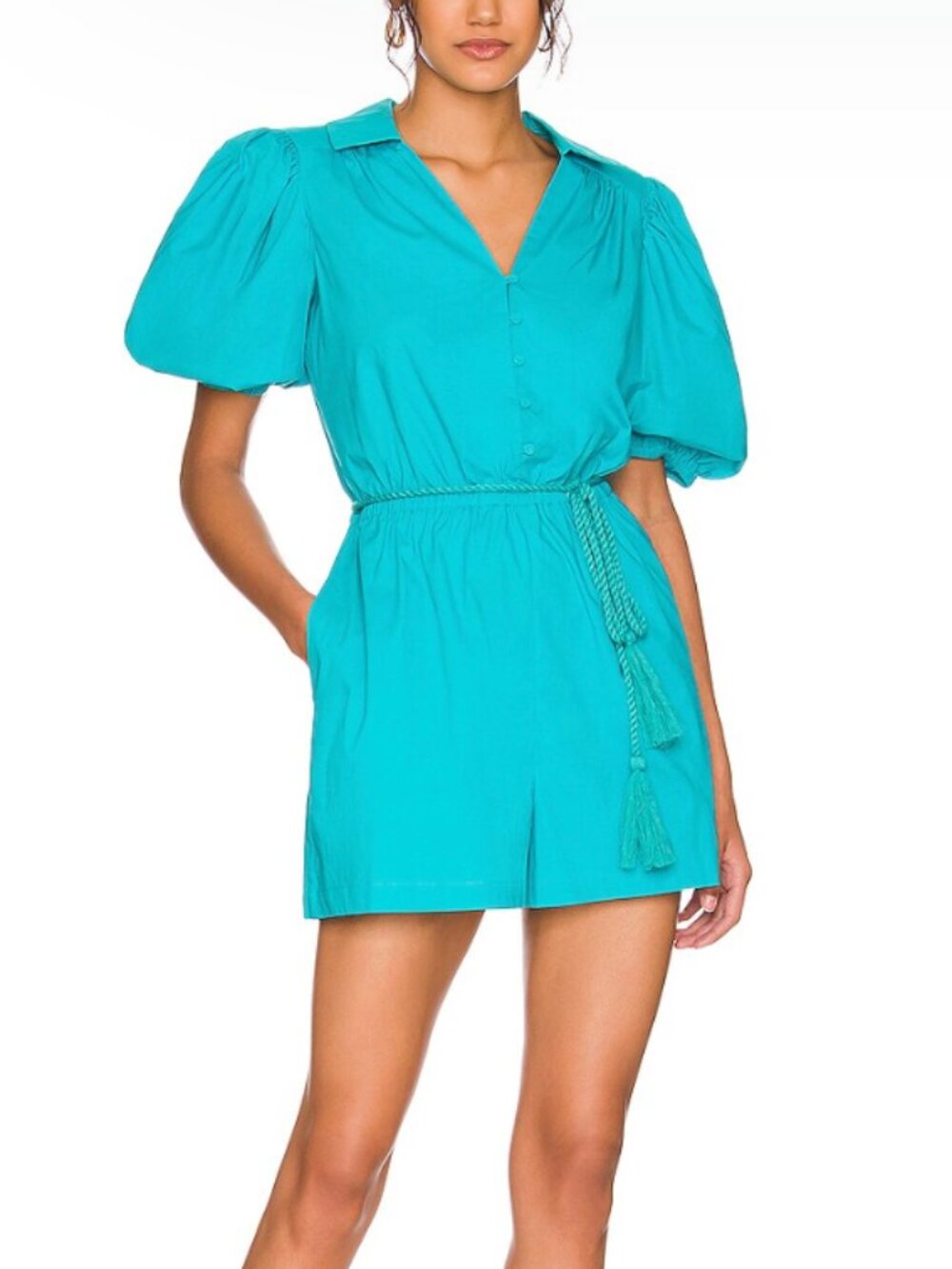NWT BCBGMAXAZRIA Women’s Blue Aqua Puff Sleeve Romper Size Small